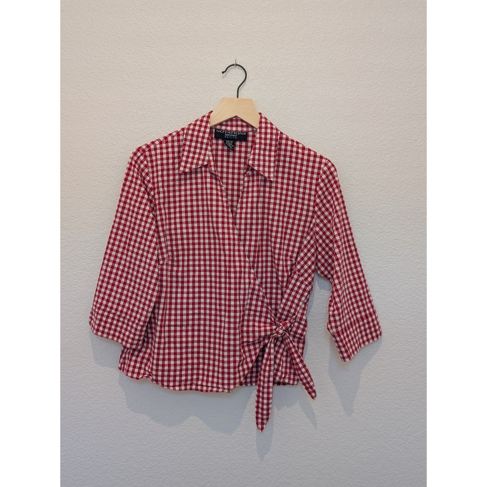 Notations Sport Petite Red White Gingham Wrap Top Side Tie Blouse PM